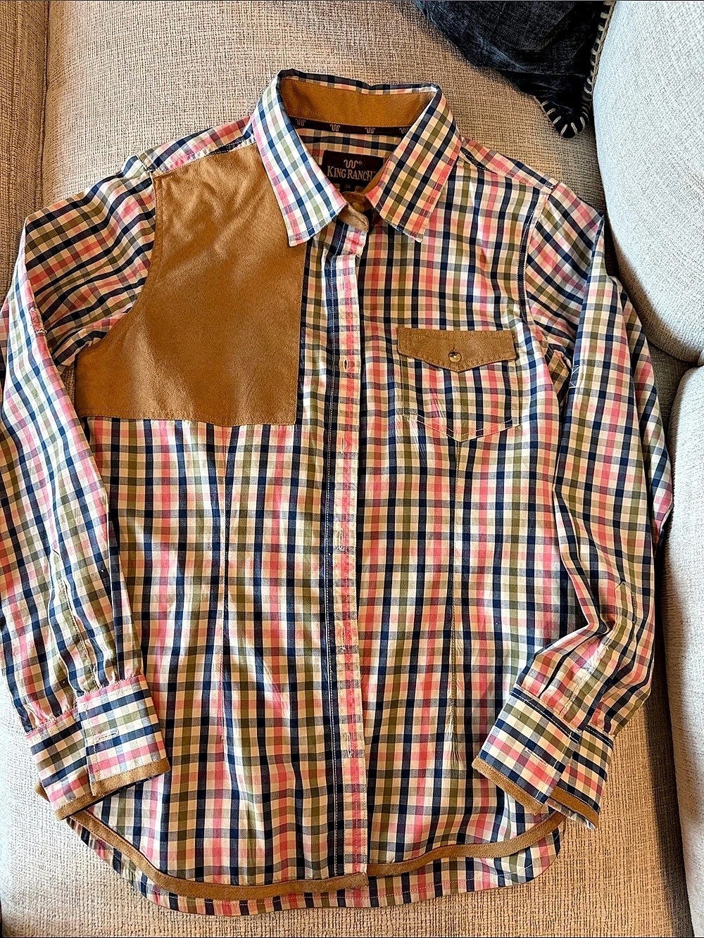 Ladies King Ranch Plaid Suede Trim Western Shirt